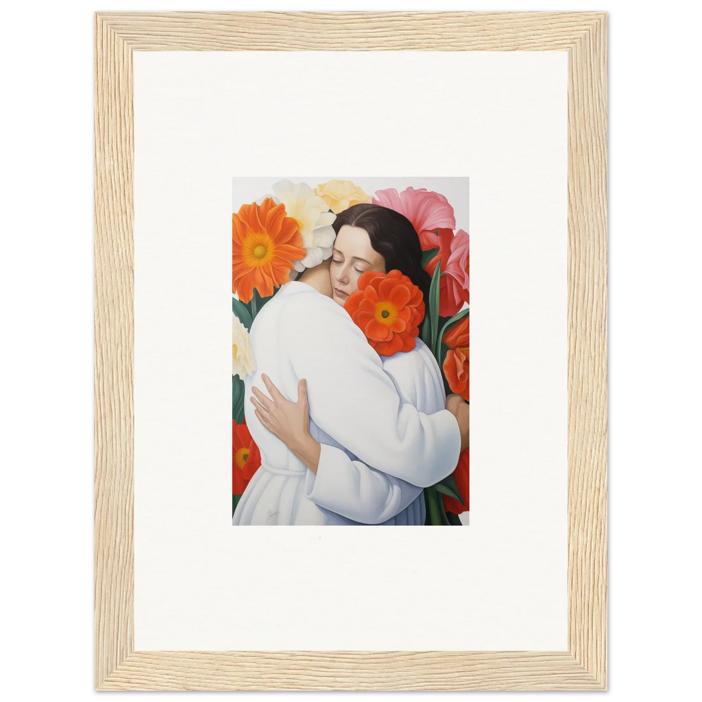 Framed Floral Synapse artwork of a figure in white with vibrant orange and pink flowers