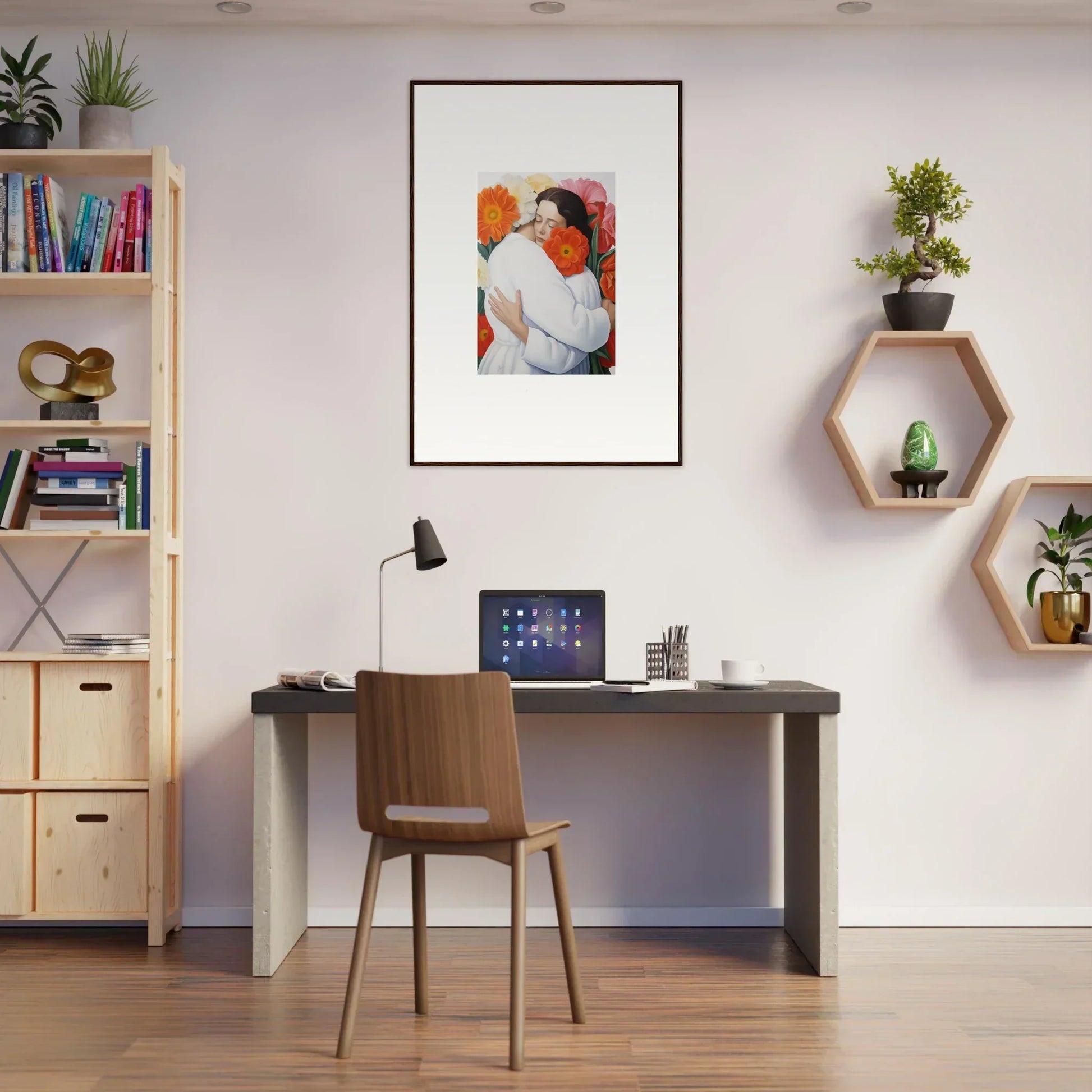 Modern Floral Synapse home office with dark desk, wooden chair, and hexagonal shelves