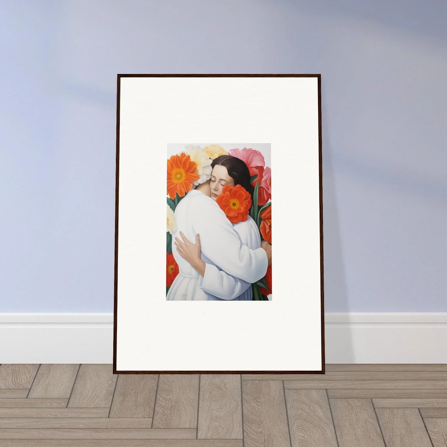 Framed Floral Synapse art of two people embracing on a vibrant orange floral background