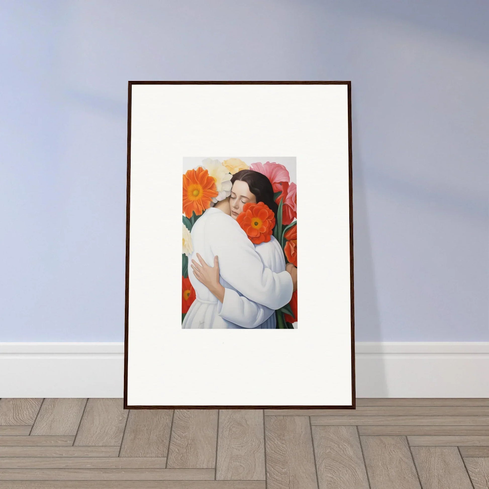 Framed Floral Synapse art of two people embracing on a vibrant orange floral background