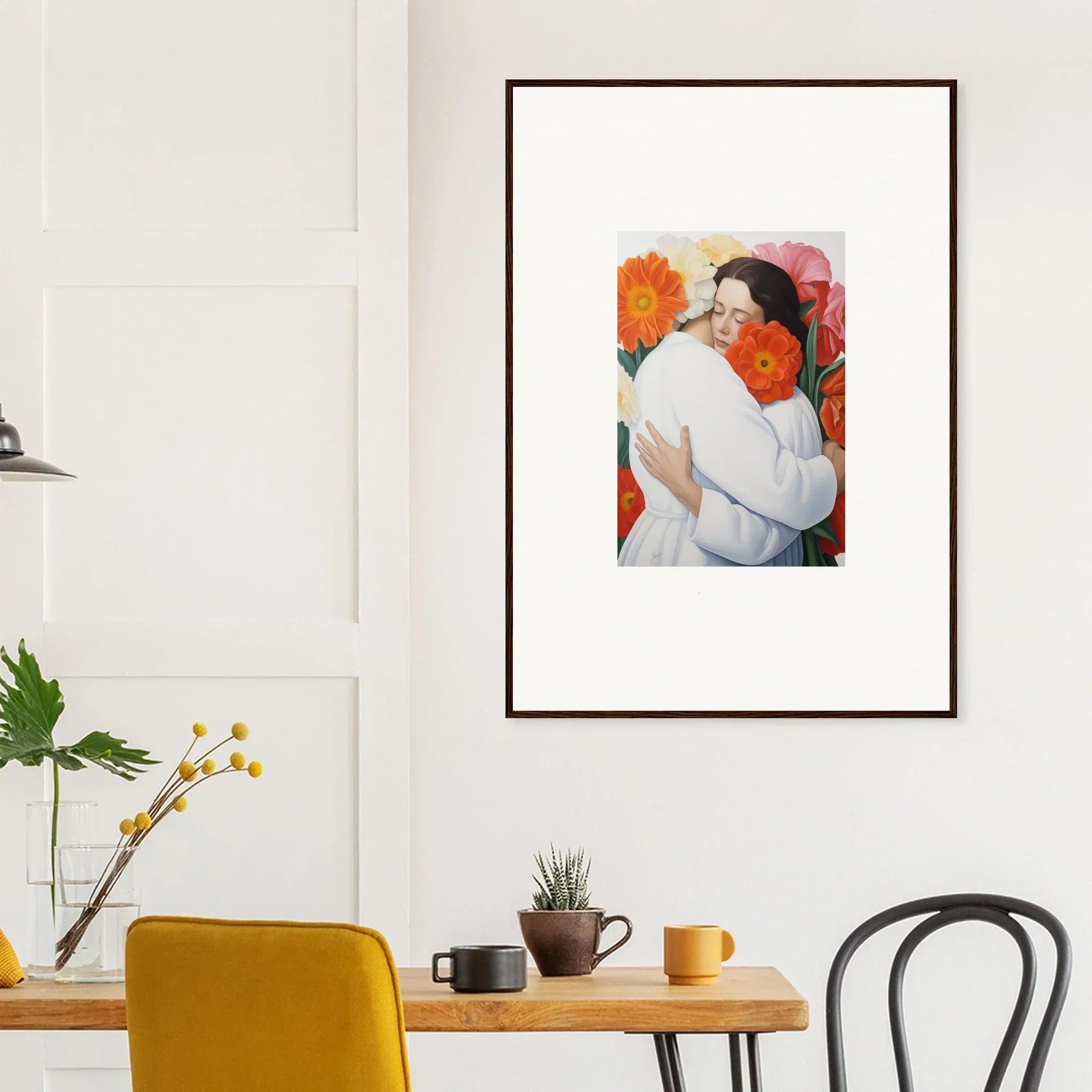 Framed Floral Synapse artwork of an intimate embrace with vibrant reds and oranges