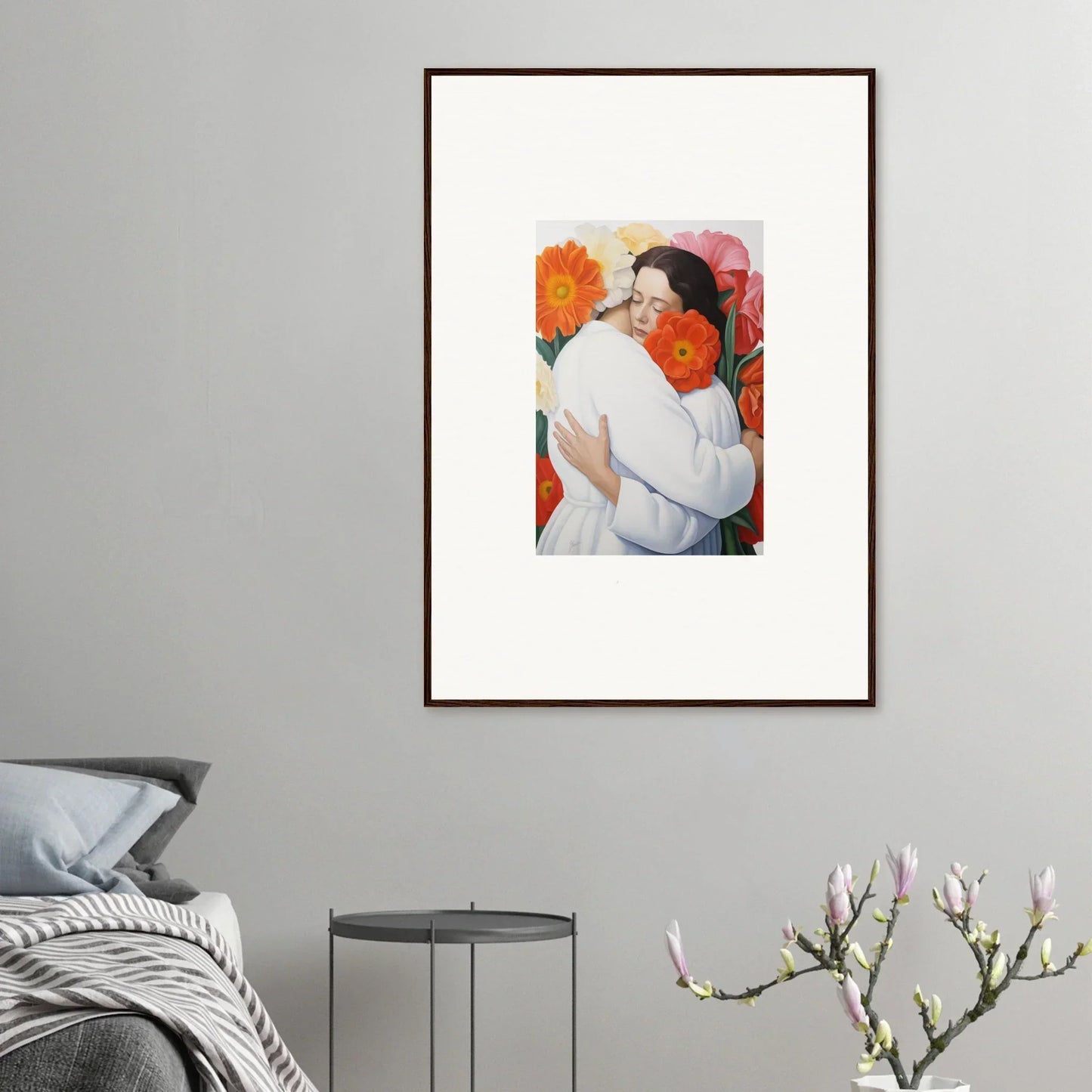 Framed Floral Synapse artwork of two people embracing in white with orange flowers