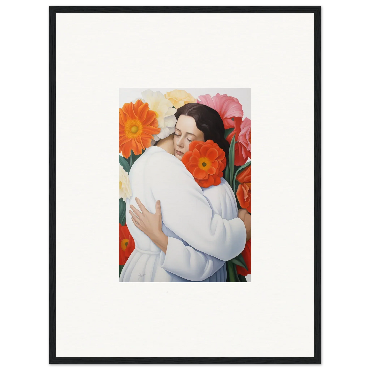 Framed artwork of a figure in white surrounded by orange and pink flowers for Floral Synapse