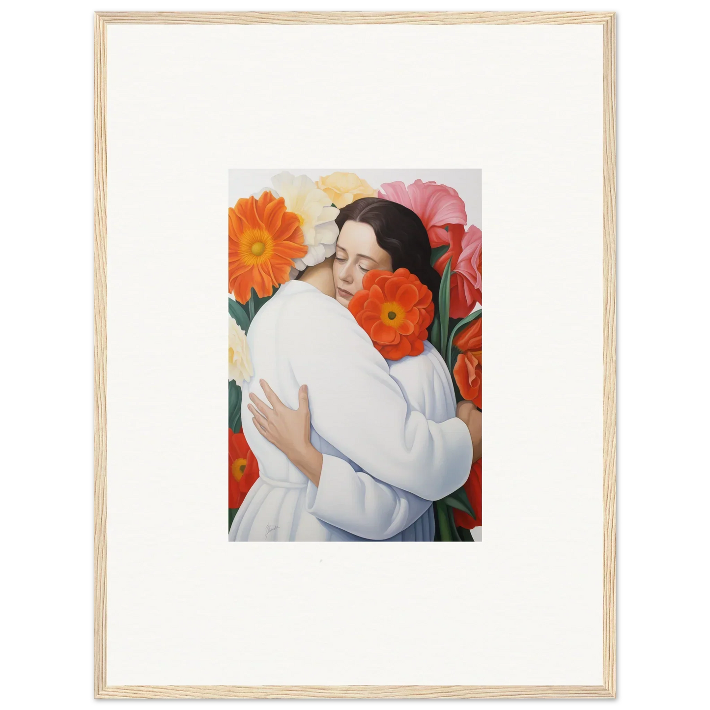 Framed artwork of a figure in white amidst vibrant flowers, Floral Synapse special edition