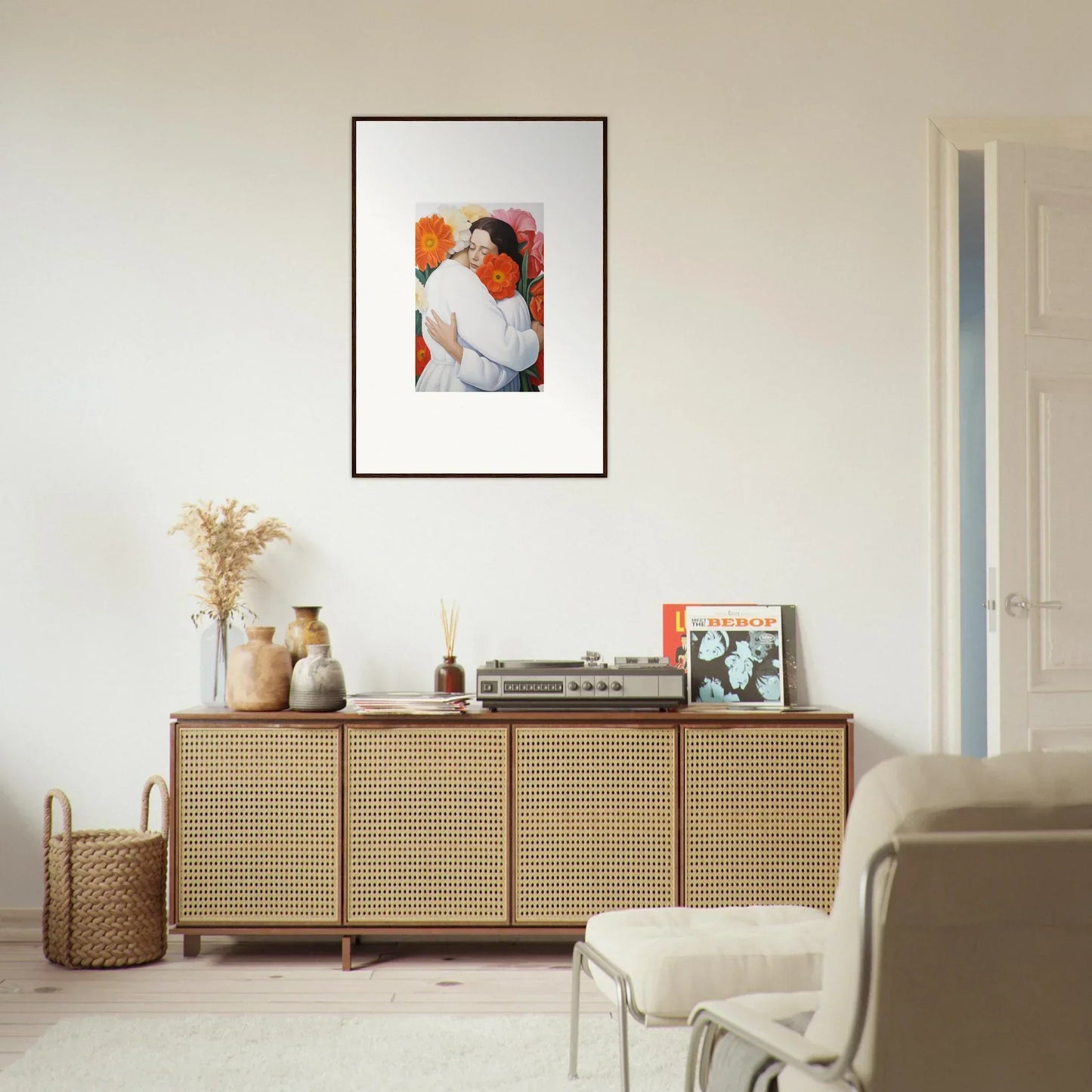 Rattan-fronted wooden credenza in Floral Synapse design, perfect for stylish storage