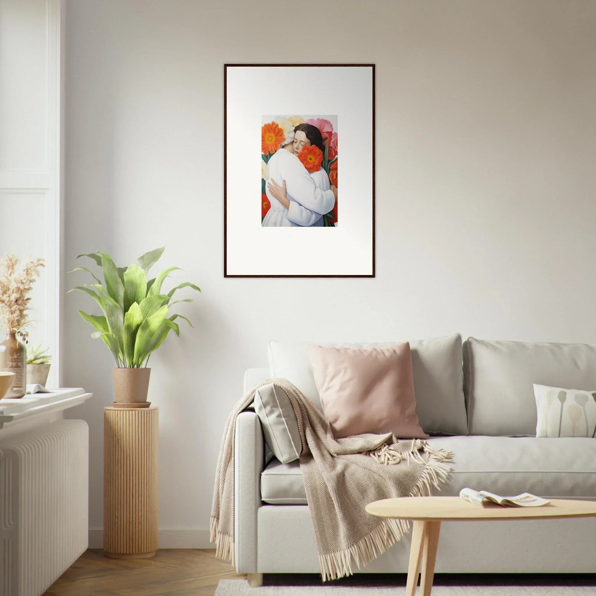 Framed Floral Synapse artwork in warm orange and red tones for your premium wall decor