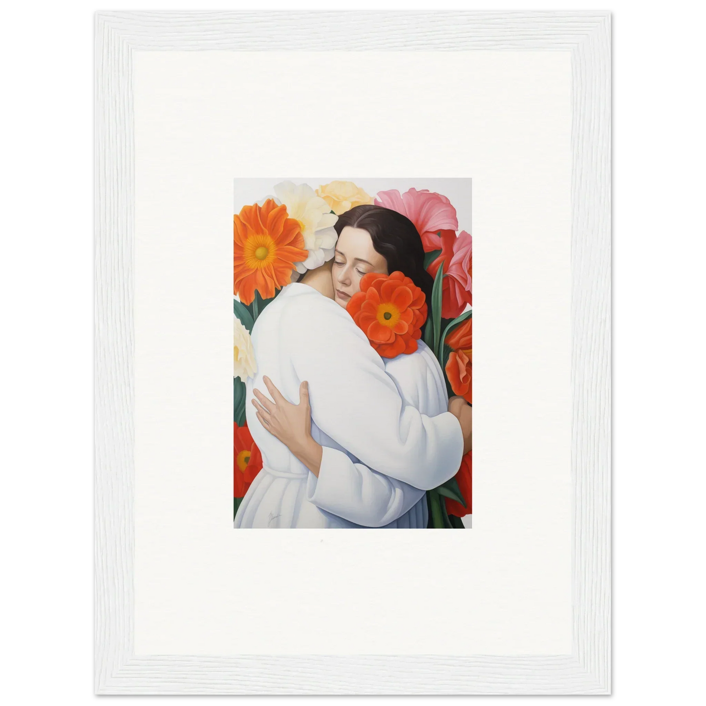 A figure in white clothing hugs themselves amid vibrant orange and pink flowers in Floral Synapse