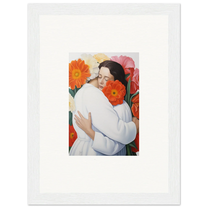 A figure in white clothing hugs themselves amid vibrant orange and pink flowers in Floral Synapse