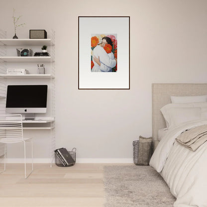 Minimalist bedroom workspace with Floral Synapse art, clear desk, and white shelves