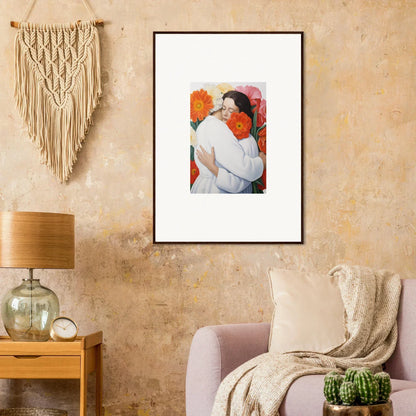 Intimate embrace art on vibrant orange backdrop, part of Floral Synapse special edition art