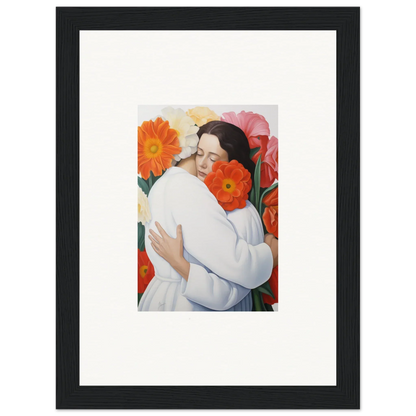 Framed artwork of a loving embrace among bright flowers from Floral Synapse special edition art™