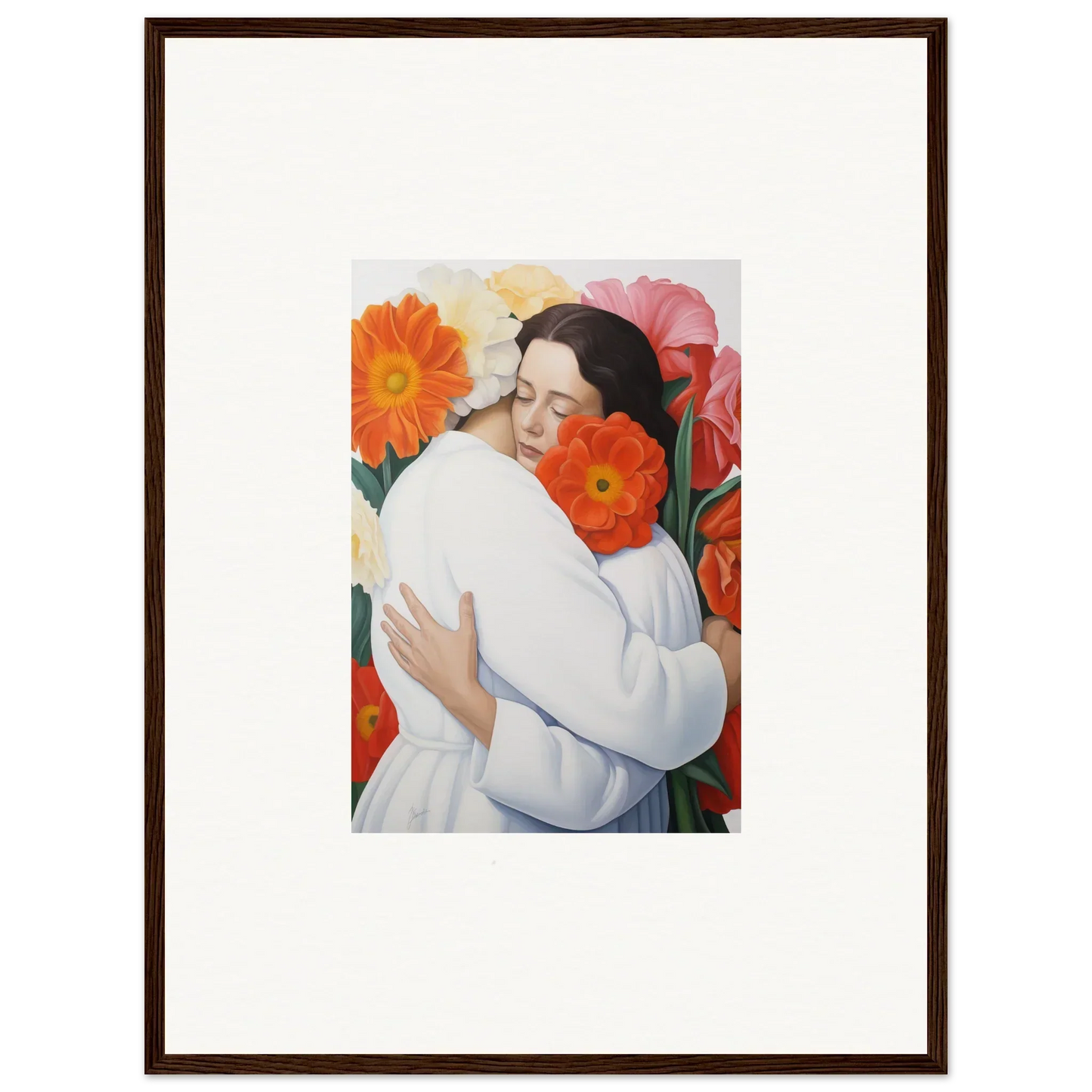 Framed artwork of a figure in white amid vibrant flowers from Floral Synapse