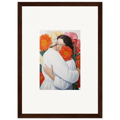 Framed artwork of a figure in white among vibrant flowers from Floral Synapse special edition art™