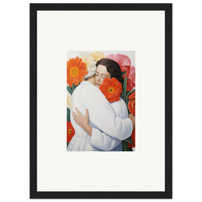 Framed artwork of figure in white with vibrant flowers from Floral Synapse special edition art™