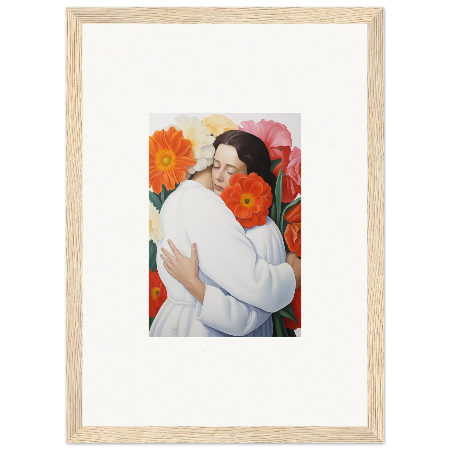 Framed artwork of a figure in white among colorful flowers in Floral Synapse special edition art