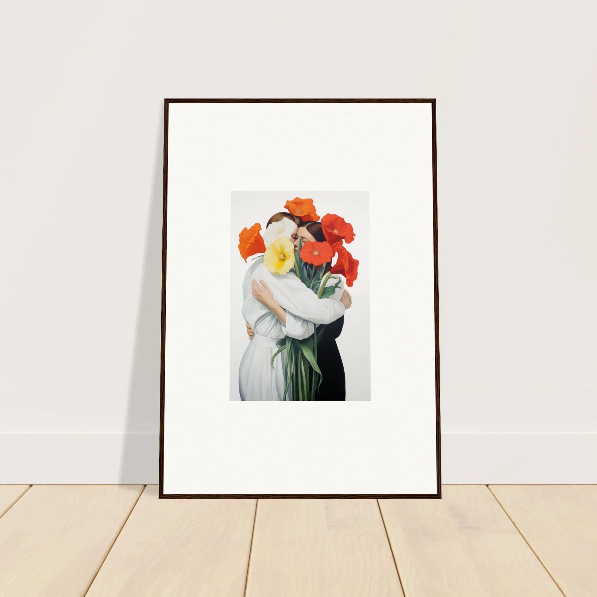 Colorful canvas print of a couple embracing, perfect for a vibrant room decoration in Floral Vortex Embrace