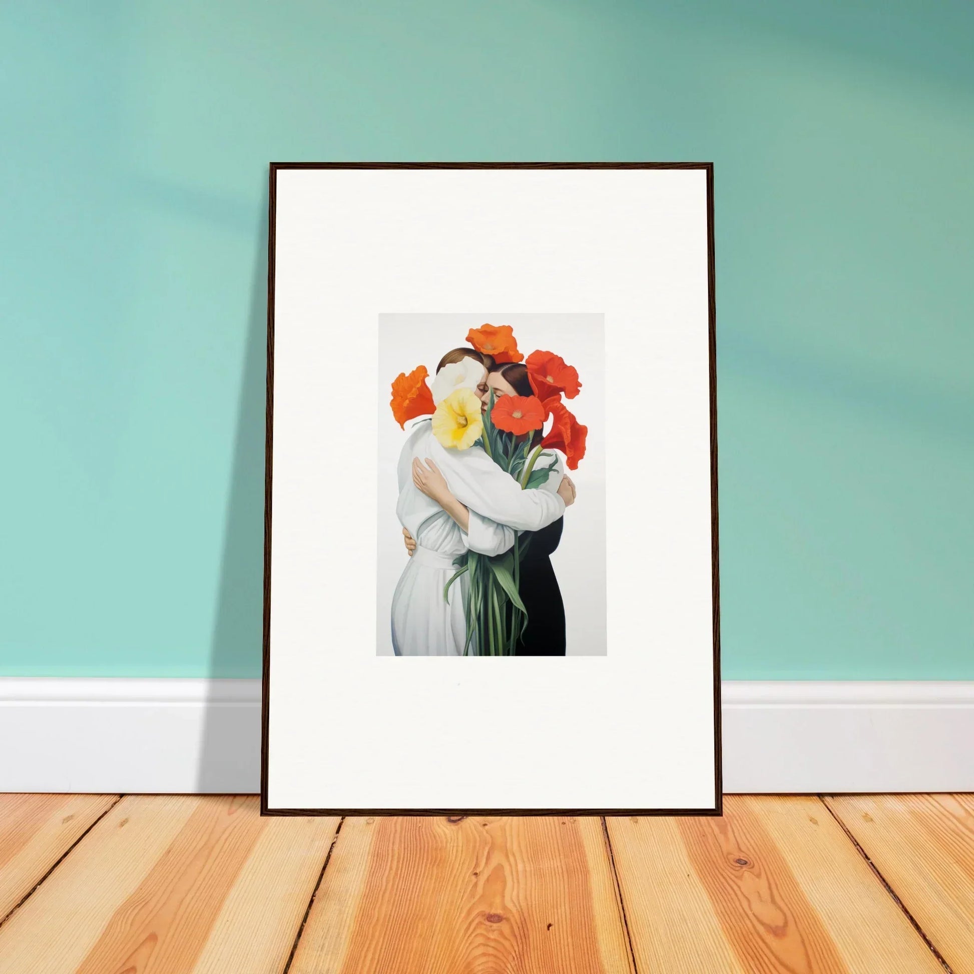 Framed canvas print of a vortex embrace with colorful flower heads for room decoration