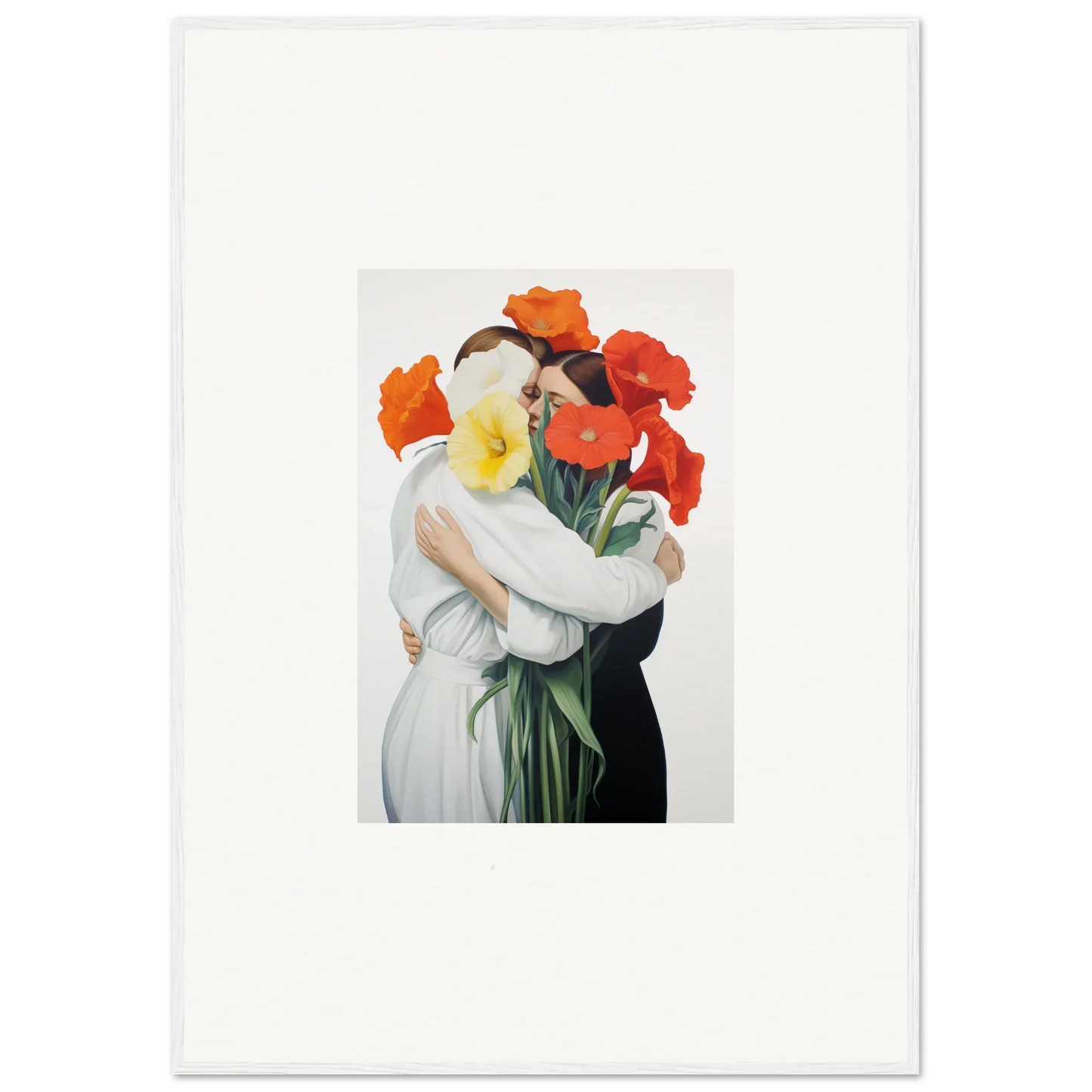 Surrealist canvas print of a couple’s vortex embrace with vibrant flower heads for room decoration