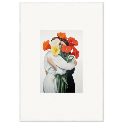 Surrealist canvas print of a couple’s vortex embrace with vibrant flower heads for room decoration