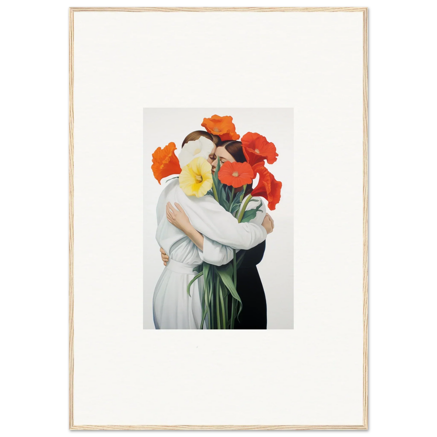 Framed canvas print of a figure in a Floral Vortex Embrace with vibrant poppies