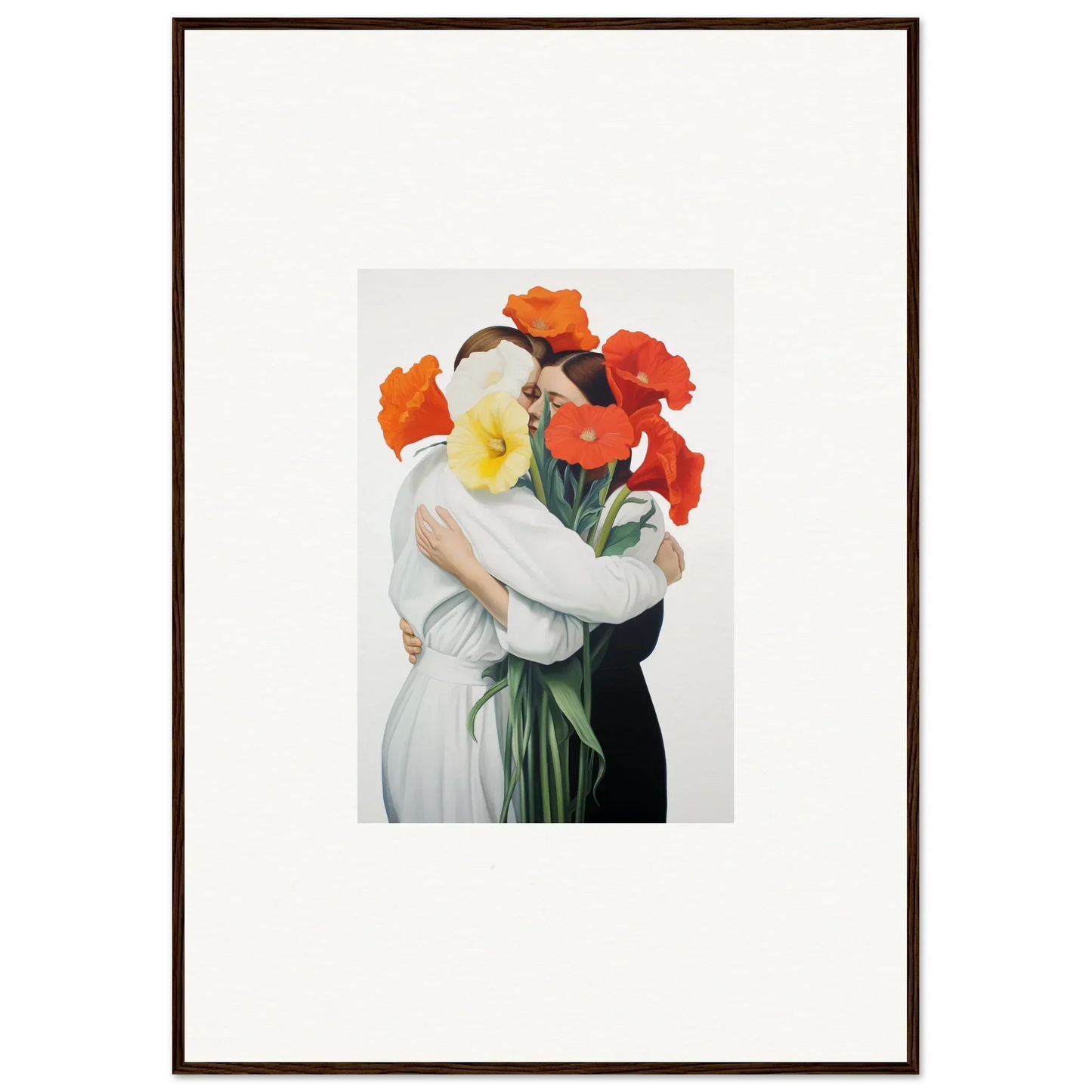 Framed artwork of a figure in a vortex embrace with vibrant poppies for room decoration