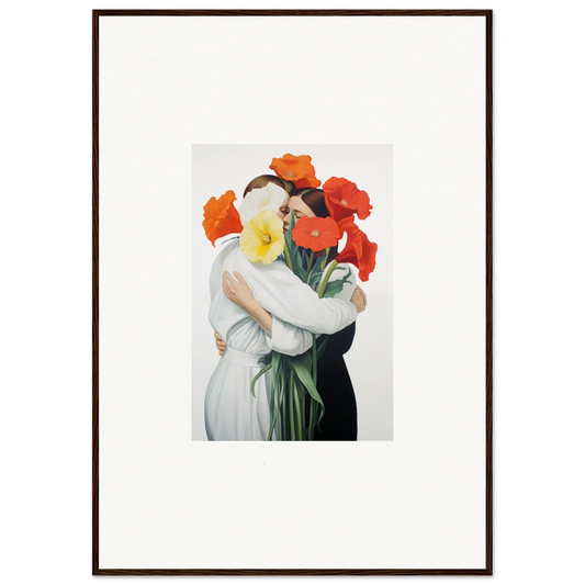 Framed artwork of a figure in a vortex embrace with vibrant poppies for room decoration