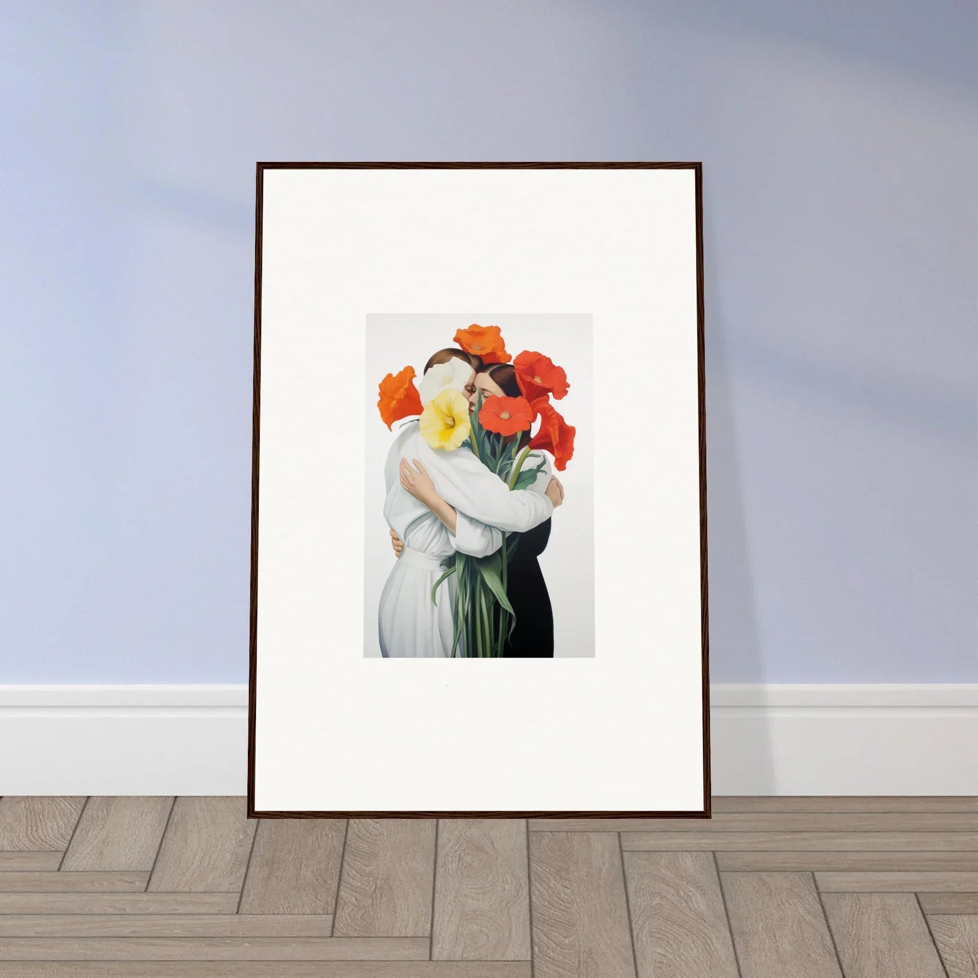 Framed canvas print of Floral Vortex Embrace with a colorful flower head figure