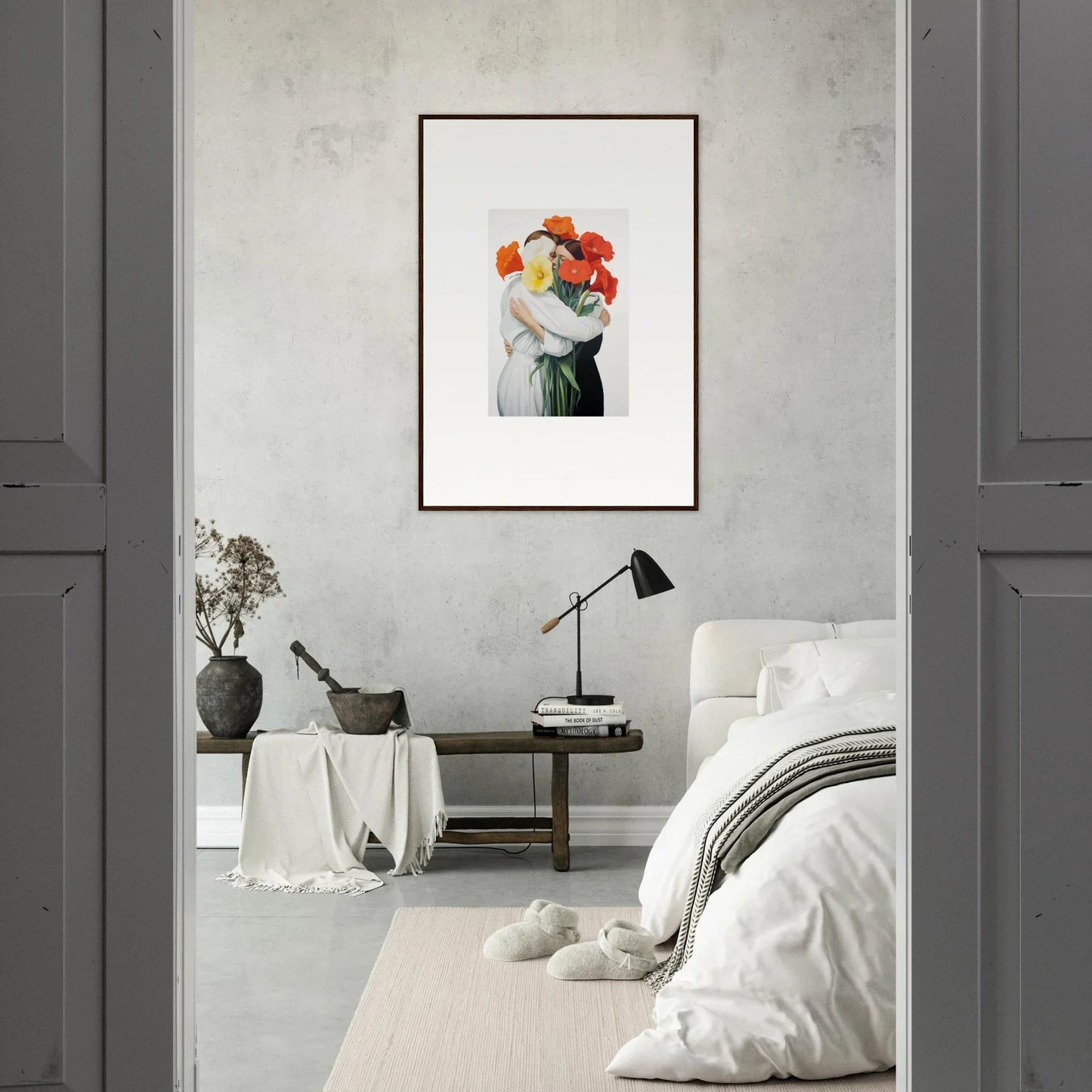 Framed canvas print of Floral Vortex Embrace with a colorful flower figure, perfect room decoration