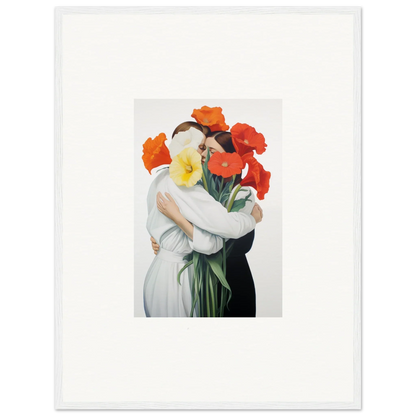 Framed canvas print of Floral Vortex Embrace with colorful flowers and embracing figures