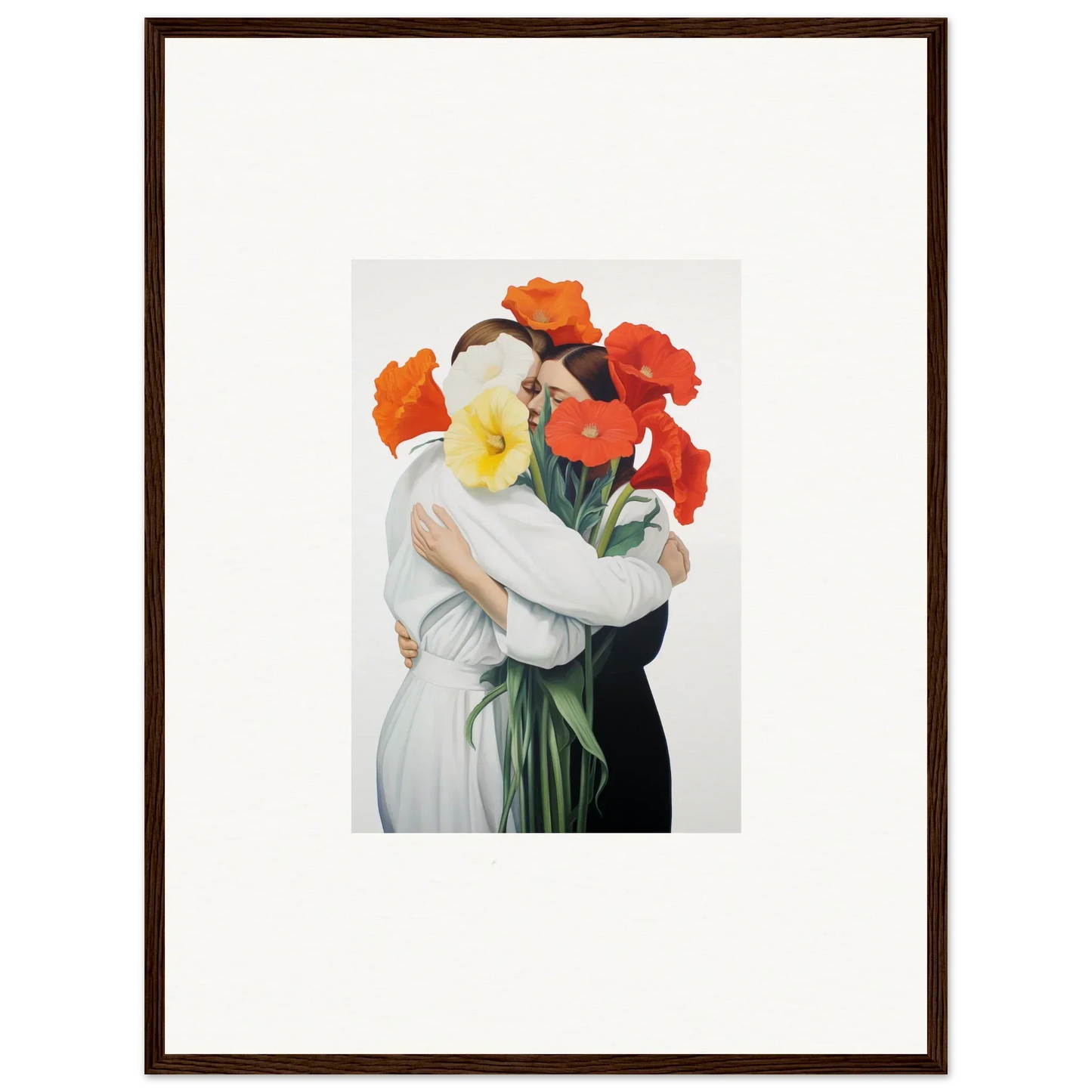 Framed Floral Vortex Embrace canvas print showing two figures surrounded by colorful flowers