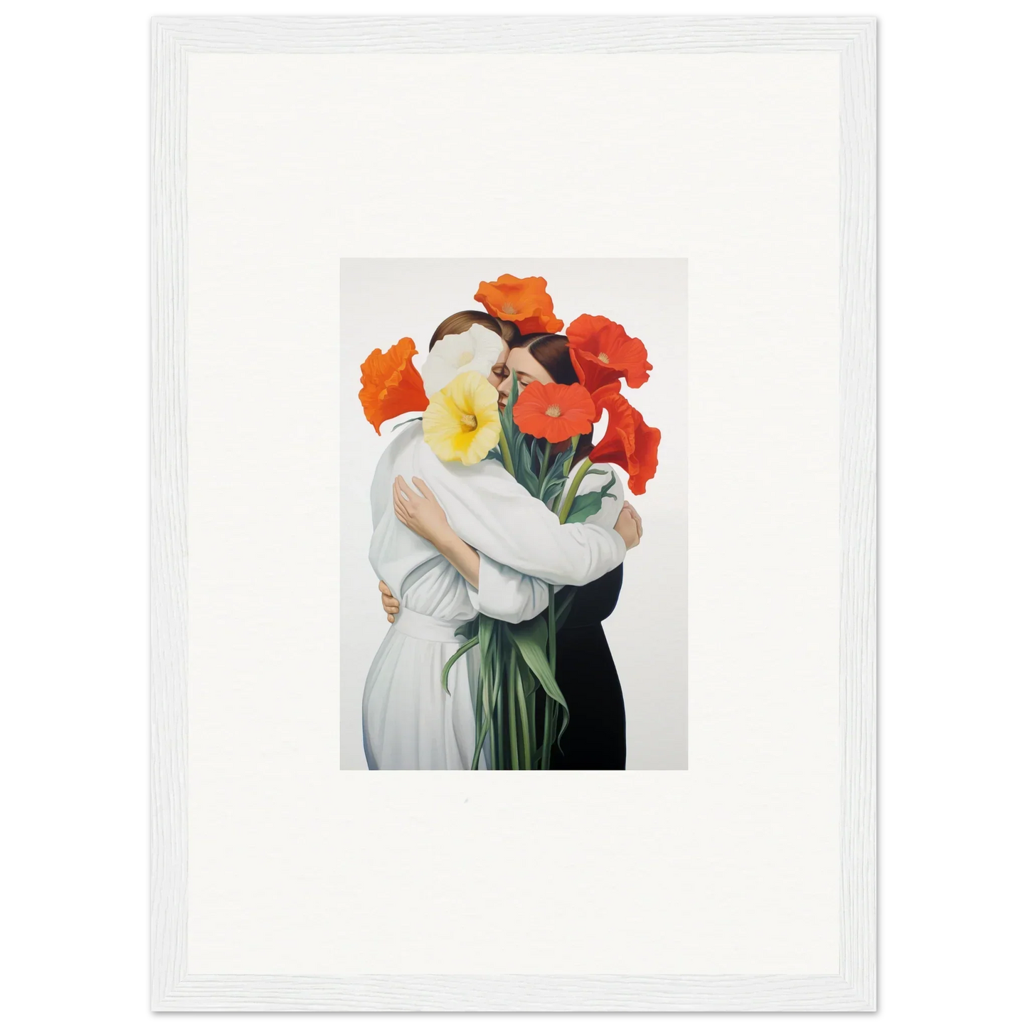 Framed canvas print of Floral Vortex Embrace with embracing figures and flowers