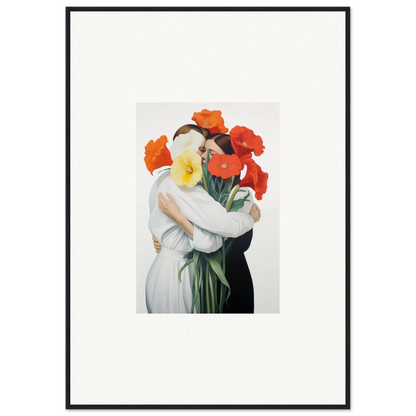 Framed artwork of a figure embracing poppies, perfect for a vibrant room decoration