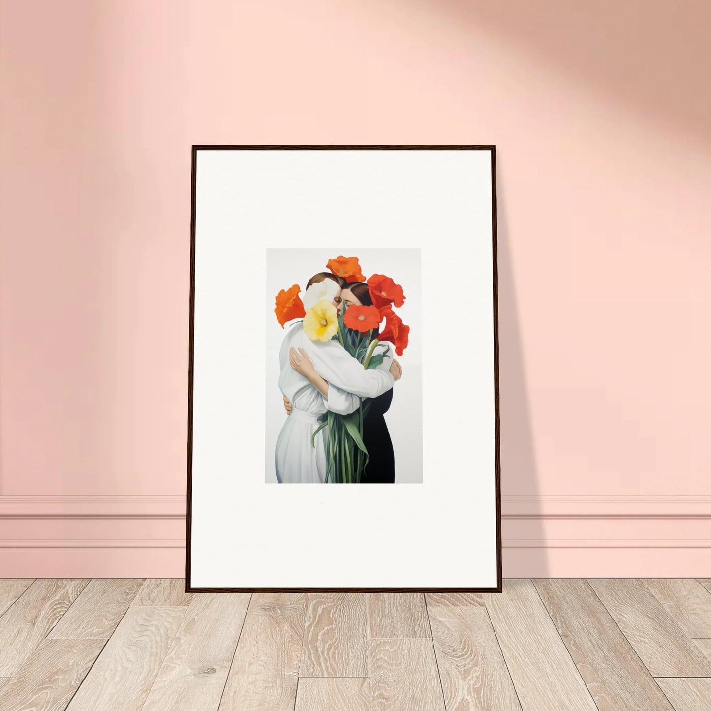 Framed canvas print of a figure with red flowers showcasing Vortex Embrace for room decoration