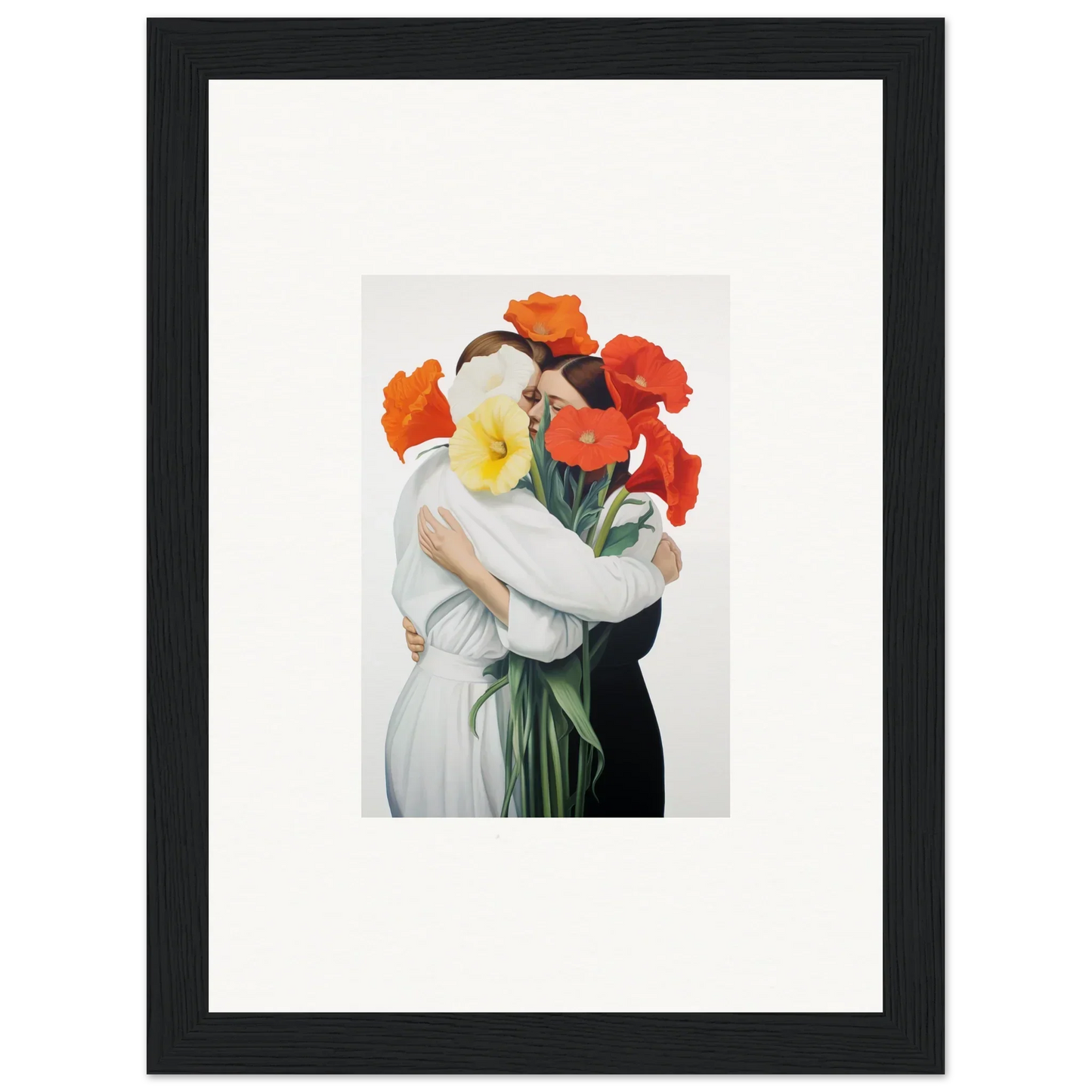 Framed canvas print of Floral Vortex Embrace with colorful flowers and embracing figures