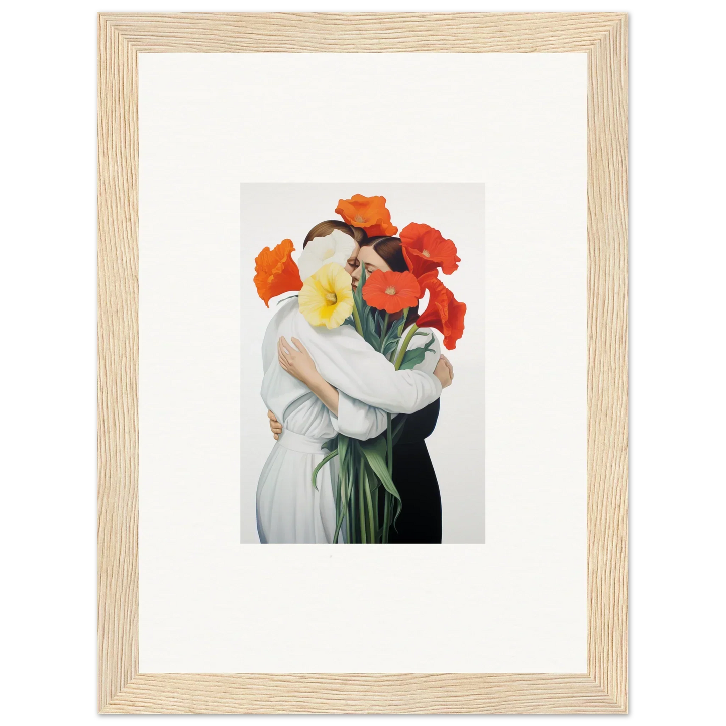 Framed canvas print of a figure in a Floral Vortex Embrace with colorful flowers