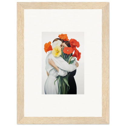 Framed canvas print of a figure in a Floral Vortex Embrace with colorful flowers