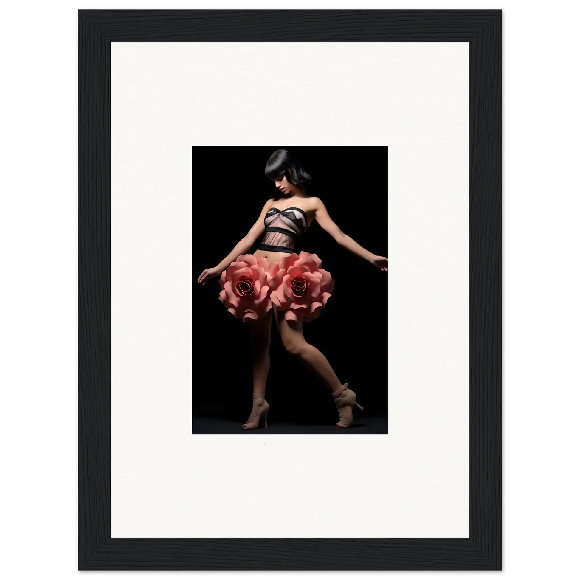 Framed wall art of a dancer in a rose skirt, ideal for floral whisper shapes room decor