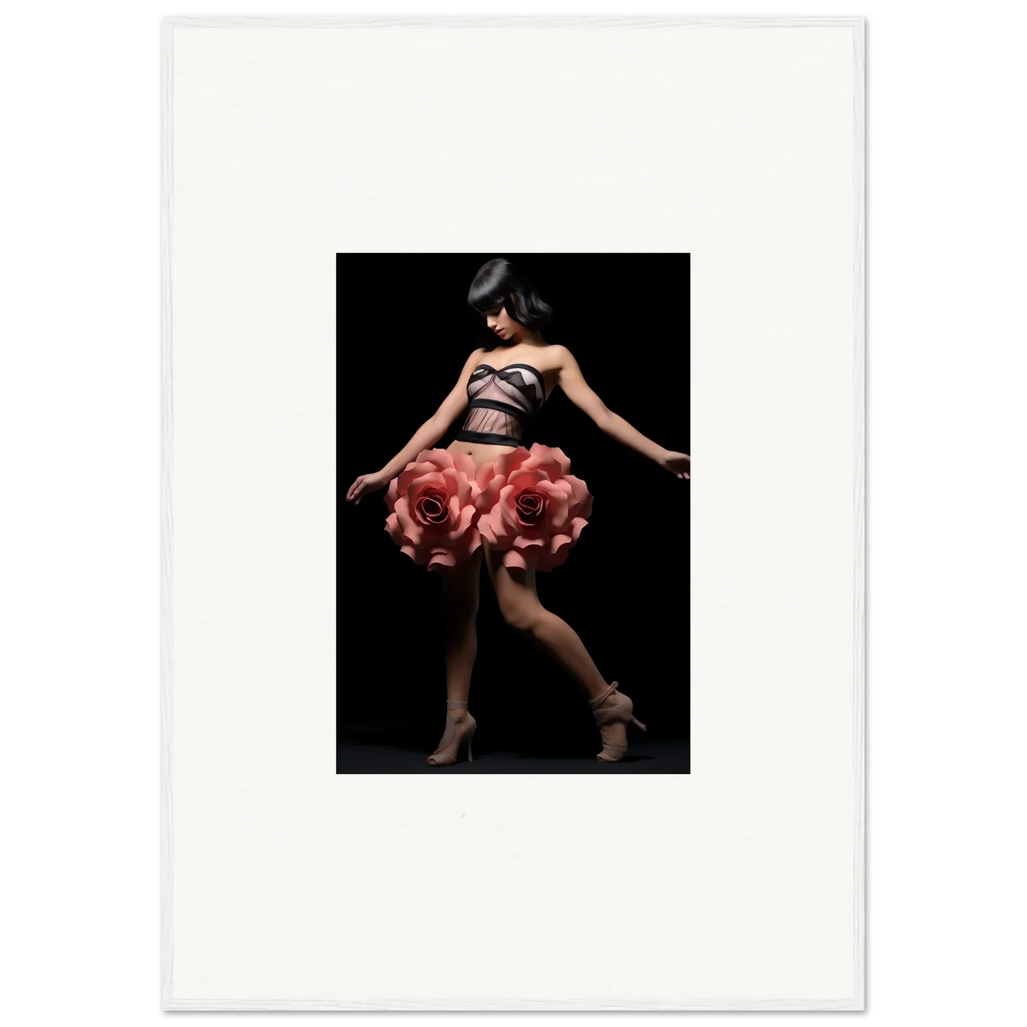 Dancer in oversized rose-like petal dress showcasing Floral Whisper Shapes for room decor