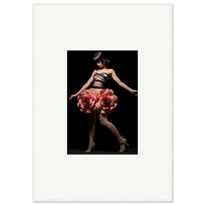 Dancer in oversized rose-like petal dress showcasing Floral Whisper Shapes for room decor