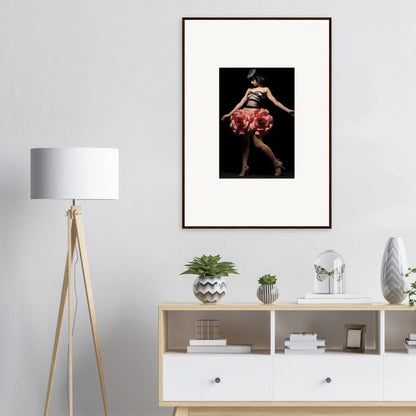 Framed wall art of a dancer in a red tutu, perfect for room decor with whisper shapes