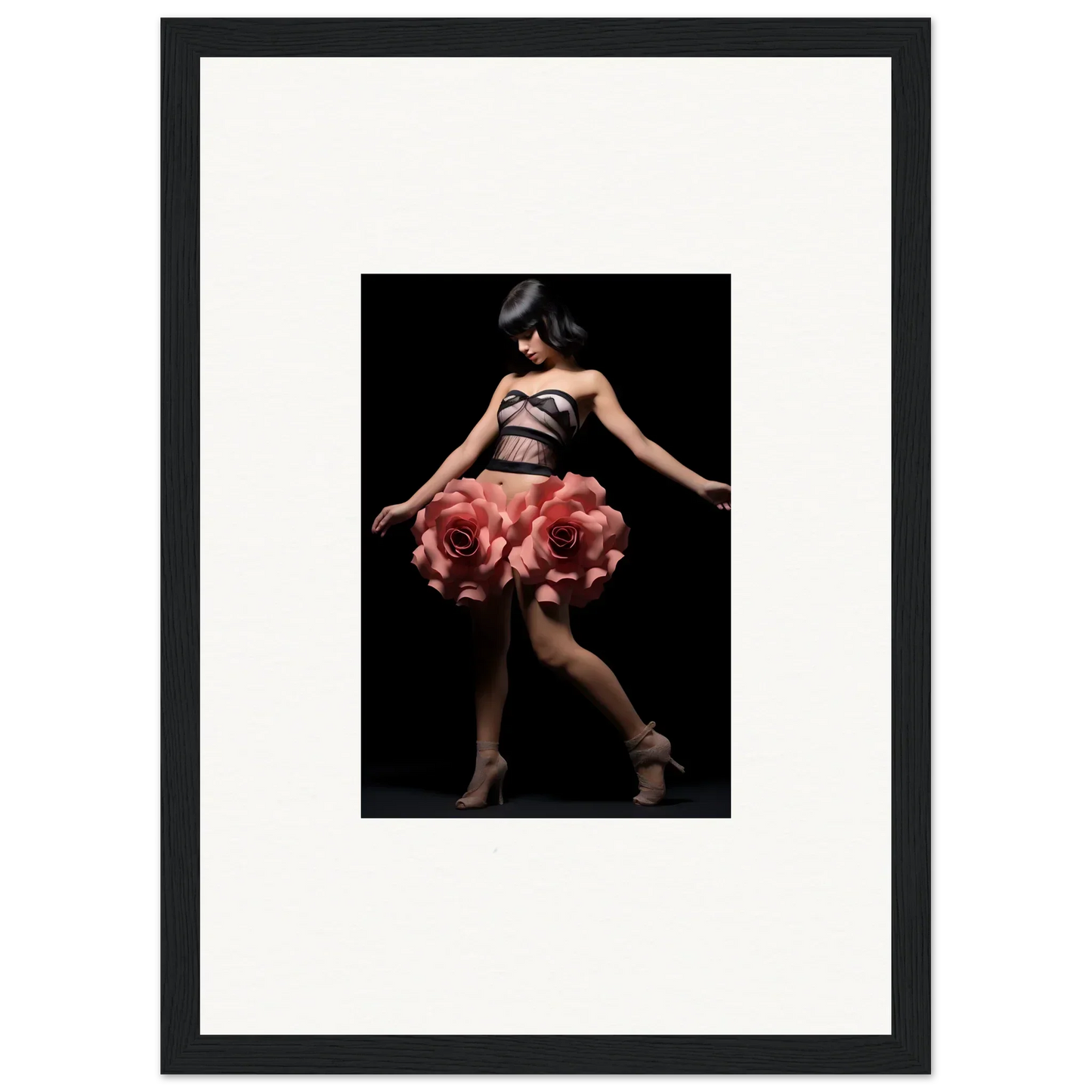 Framed wall art of a woman in a dress with rose-shaped whisper shapes for room decor