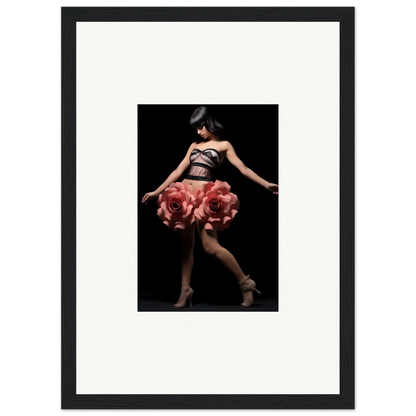 Framed wall art of a woman in a dress with rose-shaped whisper shapes for room decor