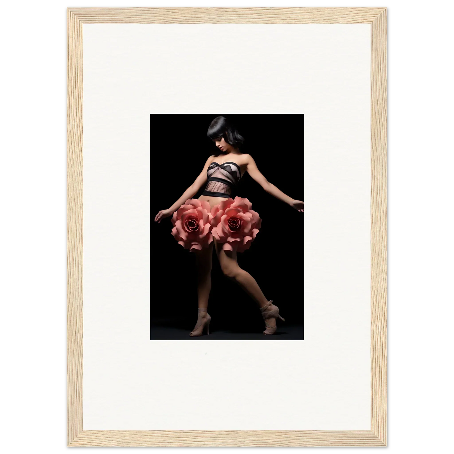 Framed wall art of a dancer in a rose-petal skirt for elegant room decor