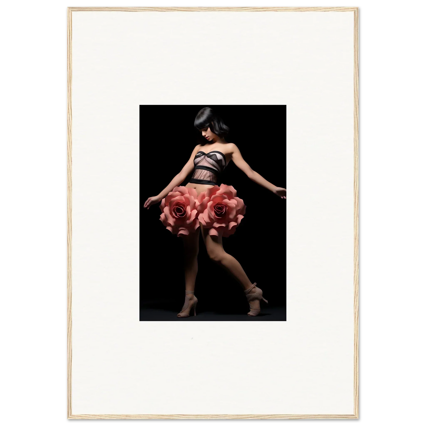 Dancer in oversized red rose skirt enhancing Floral Whisper Shapes wall art decor