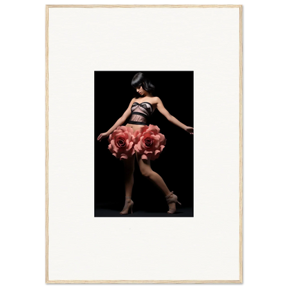 Dancer in oversized red rose skirt enhancing Floral Whisper Shapes wall art decor