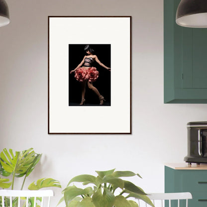 Framed wall art of a dancer in a red skirt enhances room decor with whisper shapes