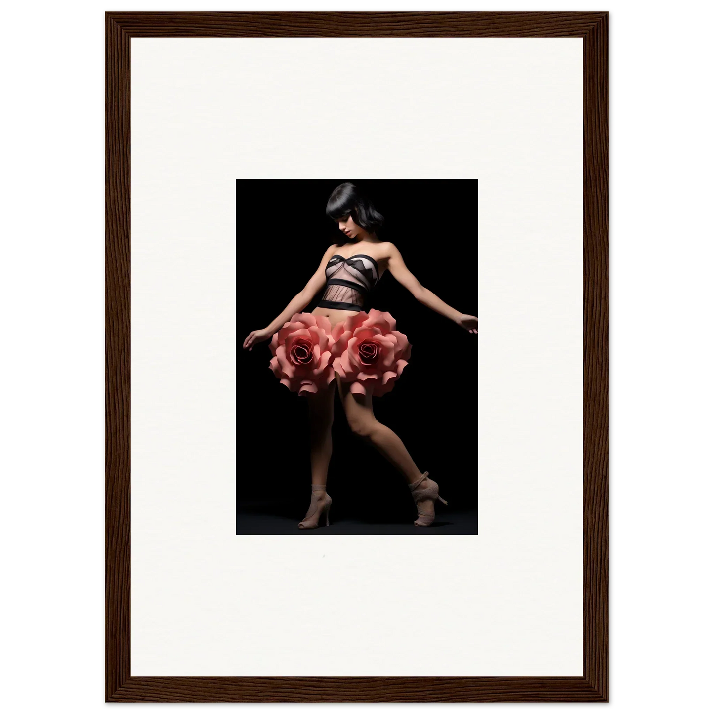 Framed wall art of a dancer in rose dress, ideal for room decor and whisper shapes