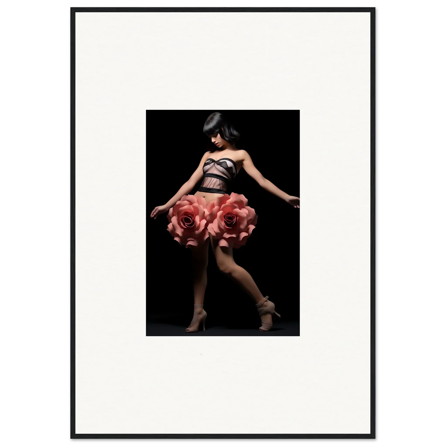 Dancer in oversized red rose skirt showcasing Floral Whisper Shapes room decor