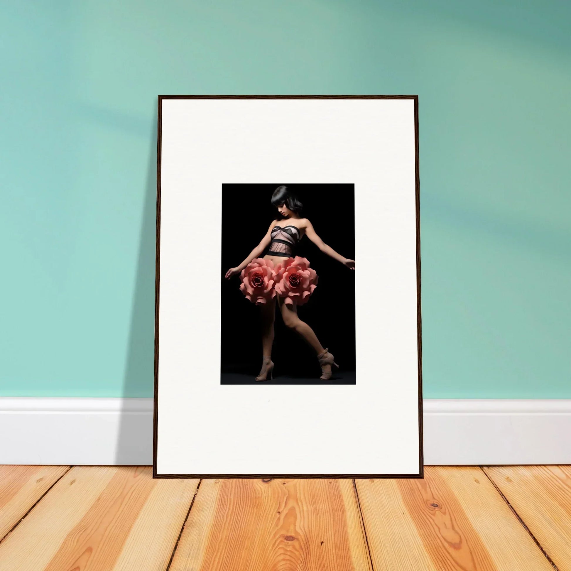 Framed wall art of a dancer in a floral skirt, perfect for room decor with whisper shapes