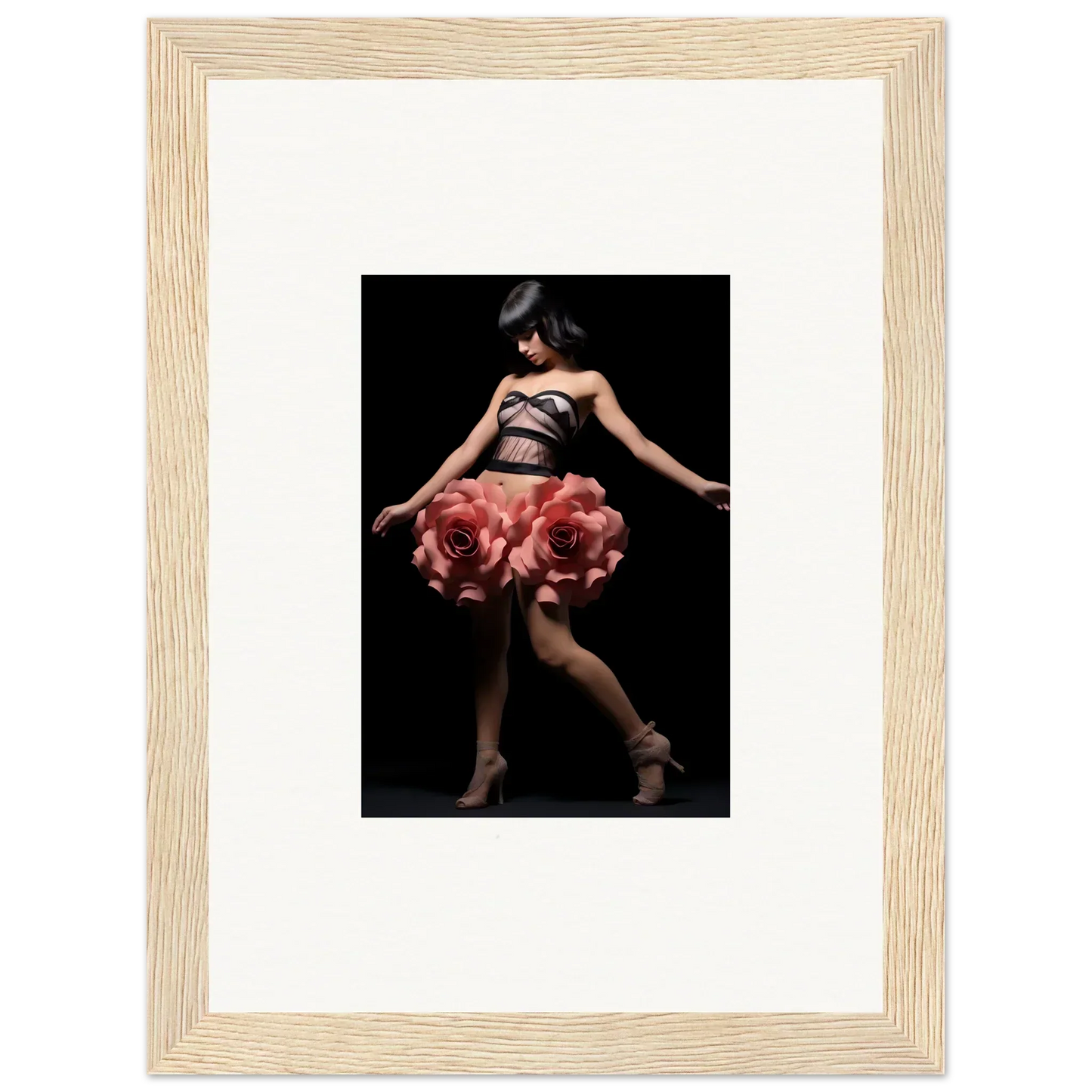 Framed wall art of woman in dress with rose skirt, perfect for room decor with whisper shapes